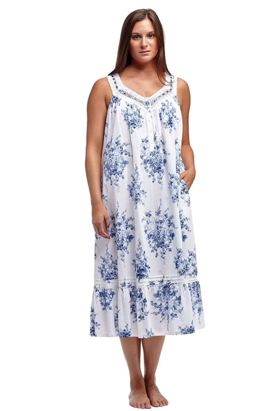 Flash Sale 100% Cotton Lace Trim Flounce Gown- Blue And White Floral Print Gowns