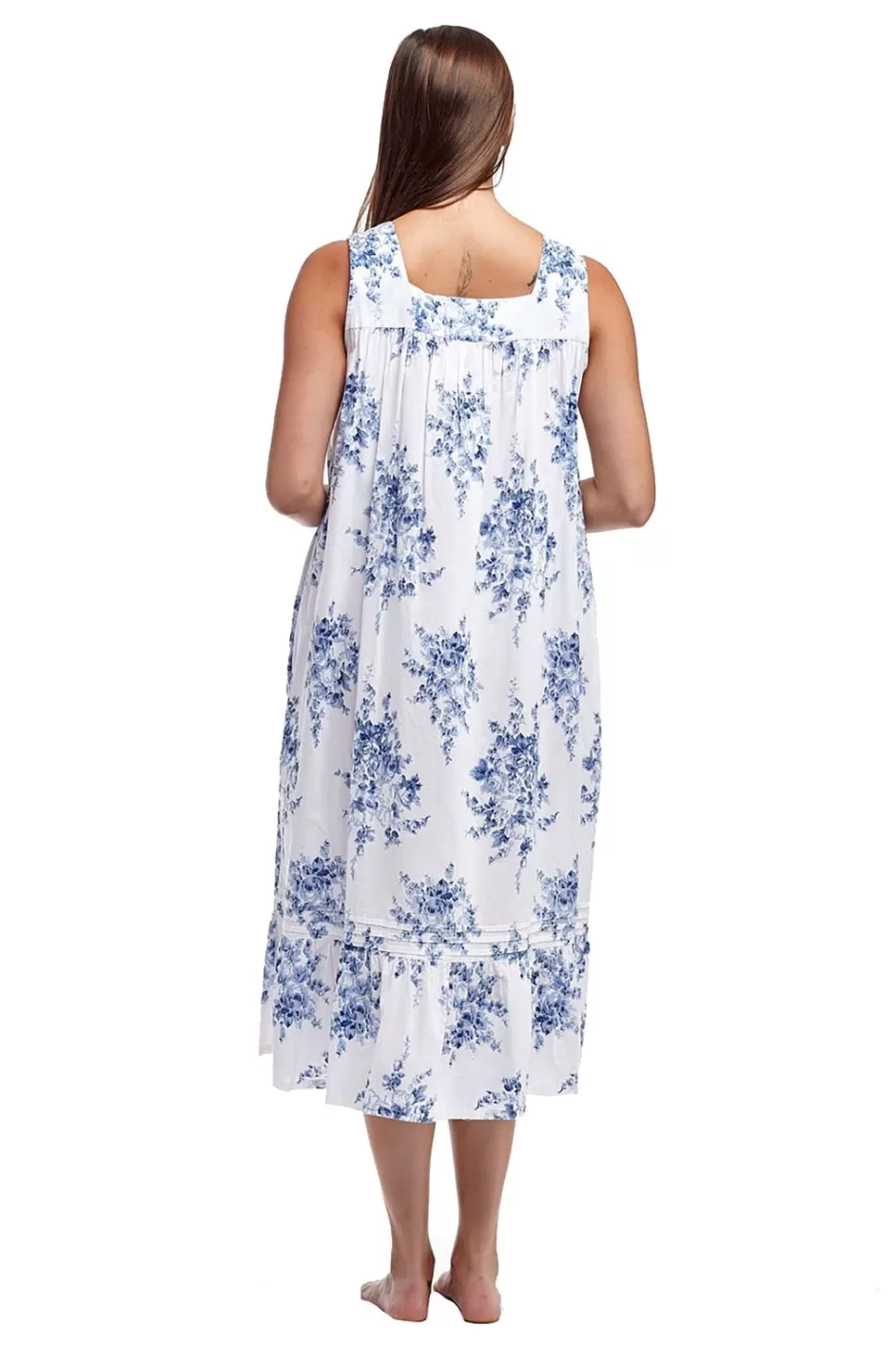 Flash Sale 100% Cotton Lace Trim Flounce Gown- Blue And White Floral Print Gowns