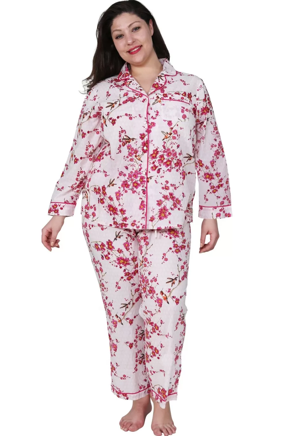 Cheap La Cera Cherry Blossom 3/4 Sleeve Cotton Pajama Set - Plus Size Plus Sleepwear