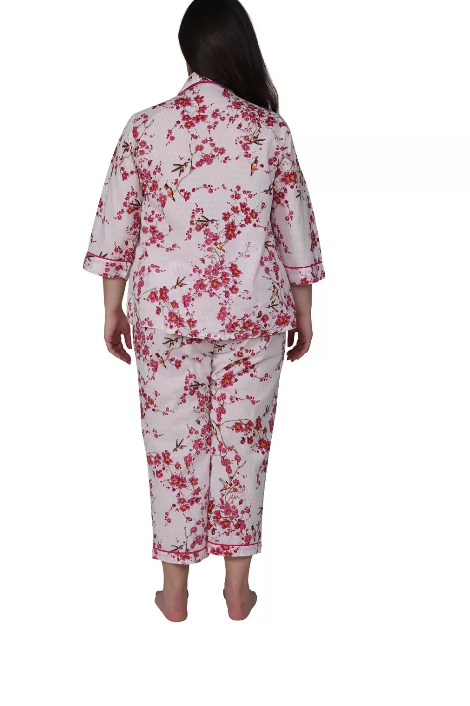 Cheap La Cera Cherry Blossom 3/4 Sleeve Cotton Pajama Set - Plus Size Plus Sleepwear