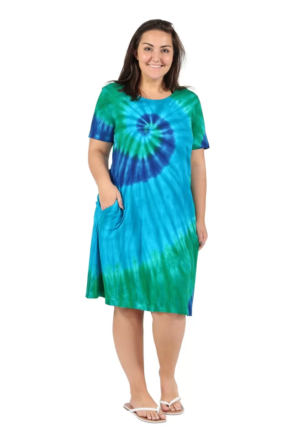 Shop La Cera Cotton Knit Short Sleeve Turquoise Tie-Dye Dress - Plus S Plus Dresses