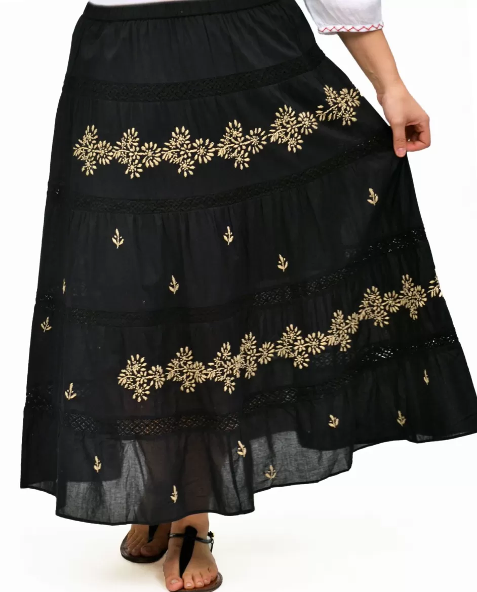 Fashion La Cera Embroidered Detail Peasant Skirt Bottoms