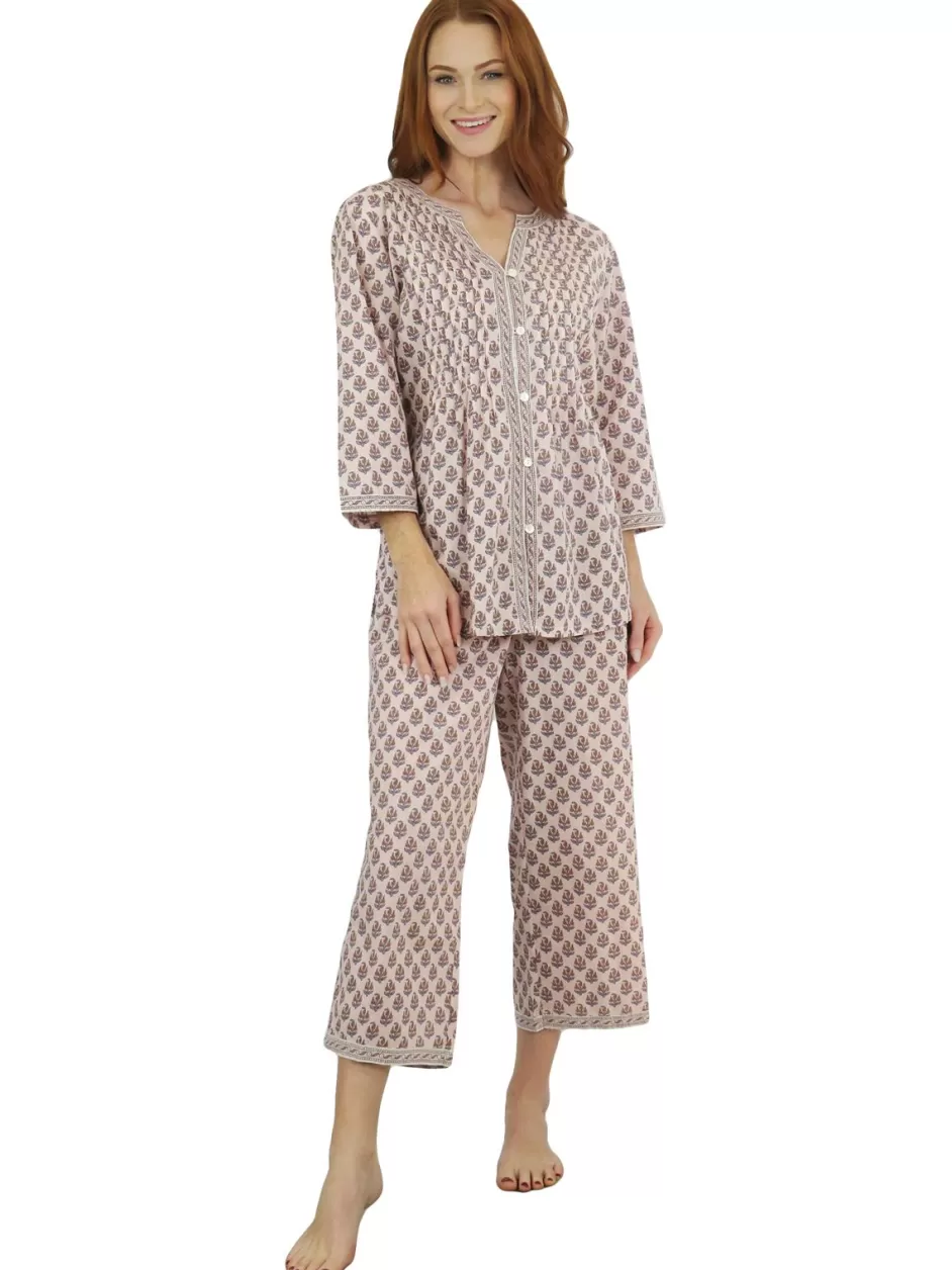 Best Sale La Cera Floral 3/4 Sleeve Pleat Front Capri Pajama Set Pajamas