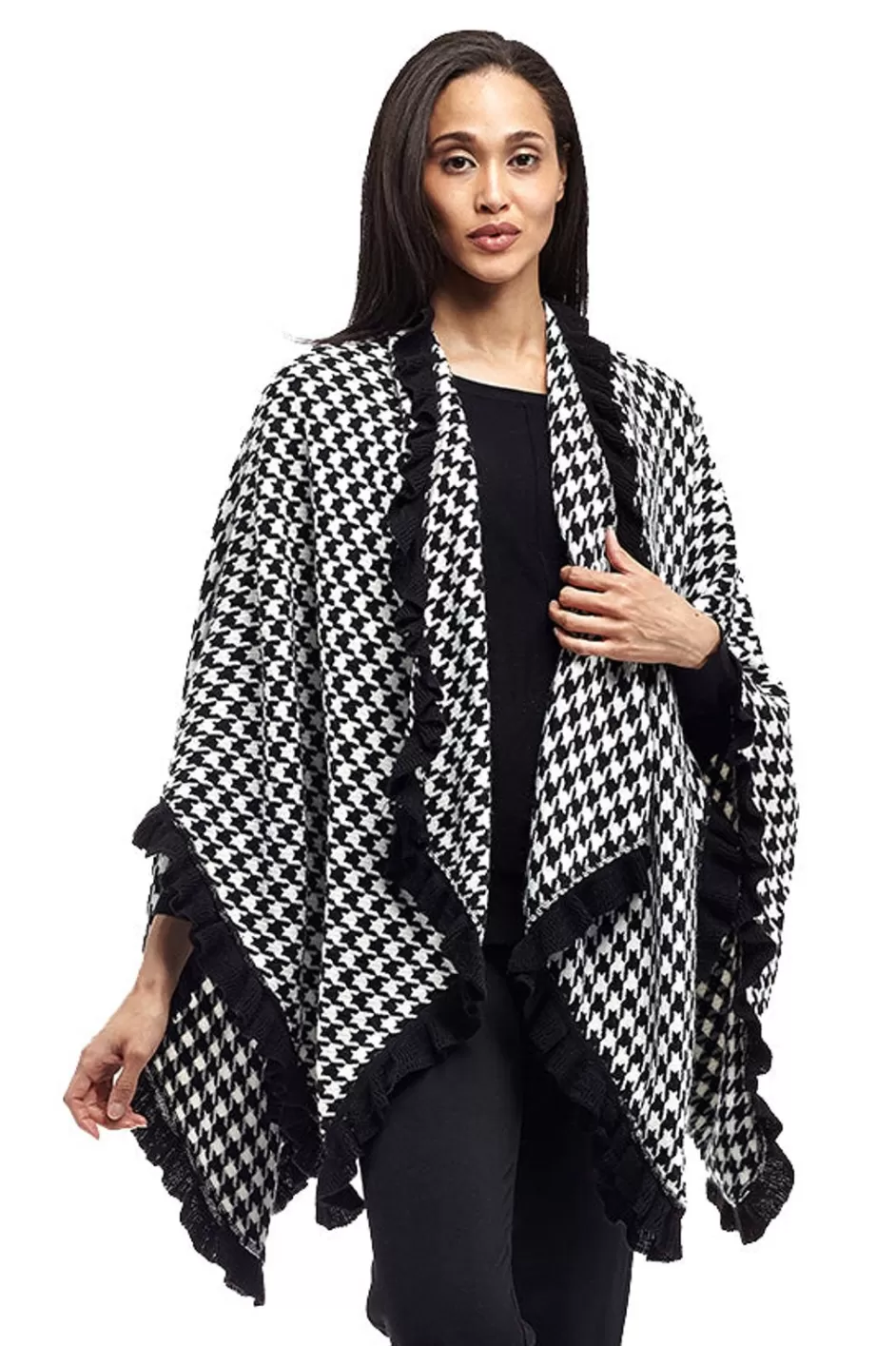 Clearance La Cera Houndstooth Split Poncho Shawl Sweaters