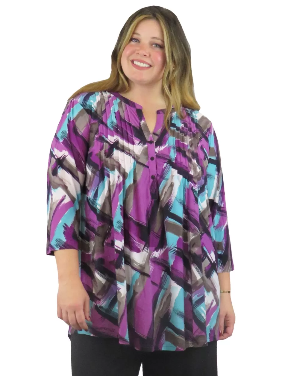 Store La Cera Pleat Front Geometric Printed Tunic - Plus Size Plus Tops