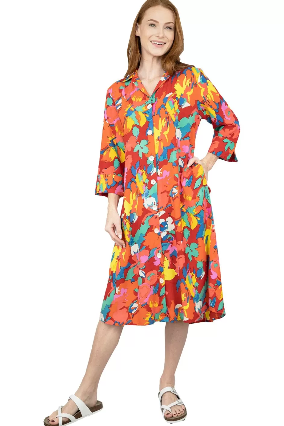 Best La Cera Summer Floral Printed Button Front Shirt Dress Woven Dresses