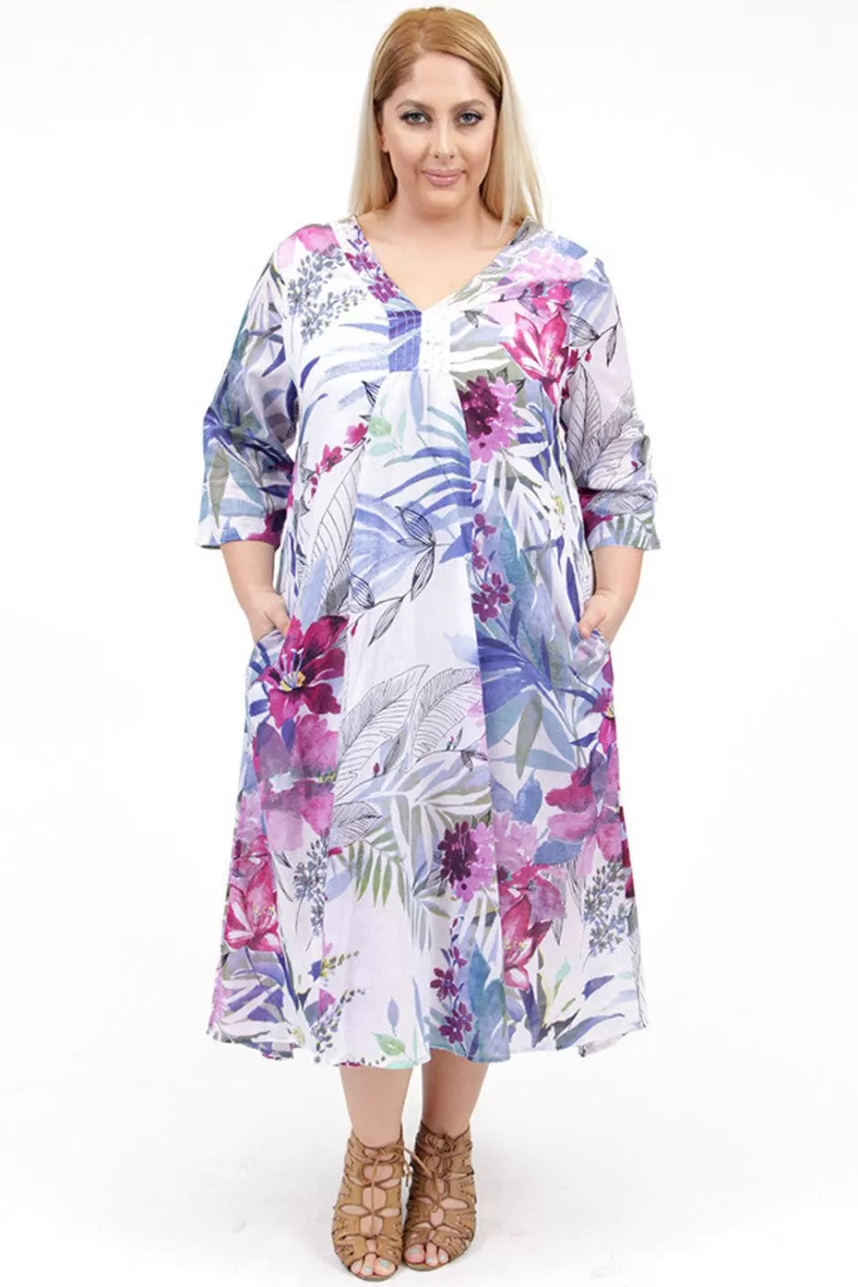 Fashion La Cera Women'S Plus Size High-Low Printed Caftan Plus Dresses