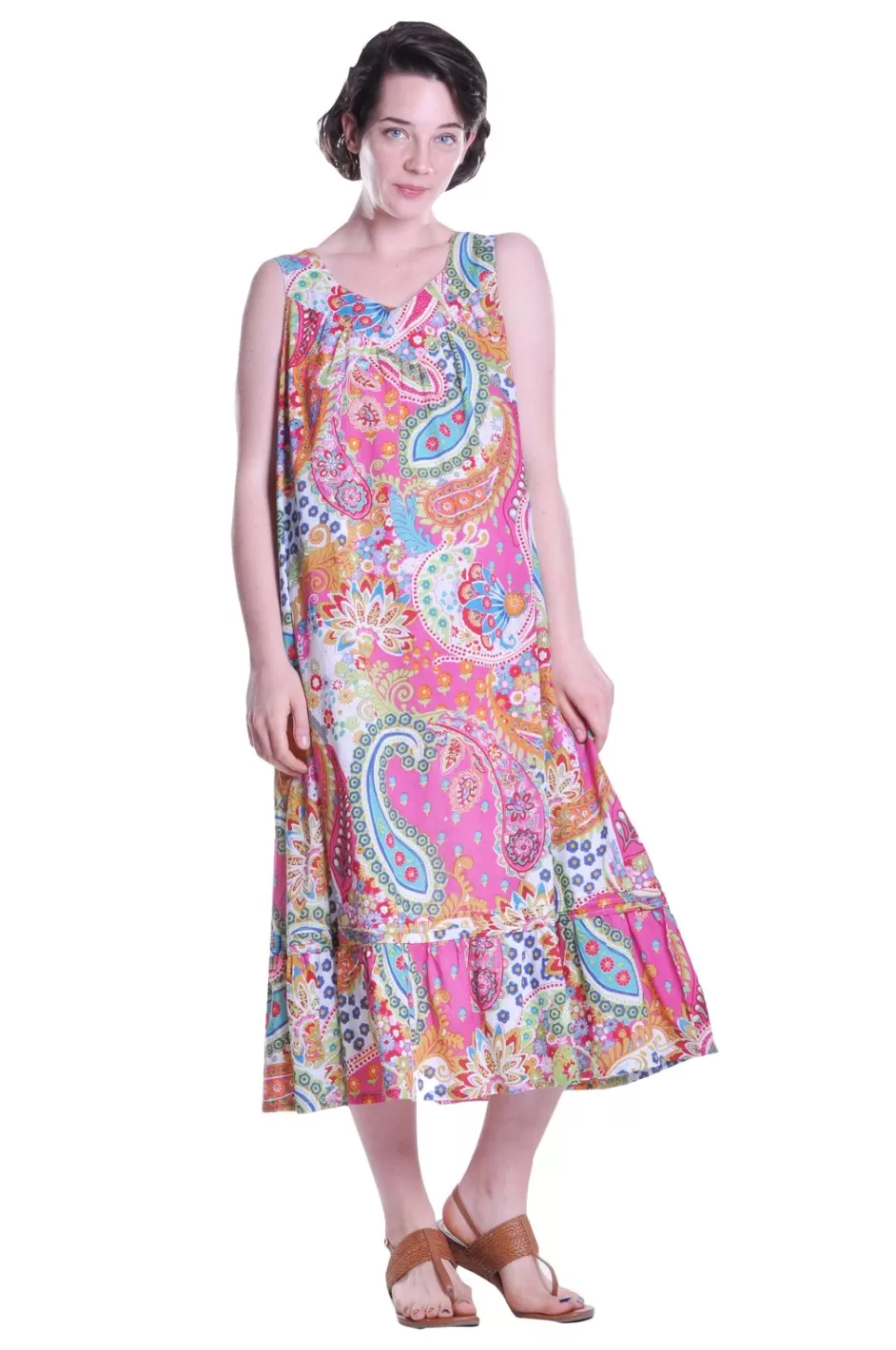 Hot Paisley Print Scoop Neck Gown With Pockets Gowns