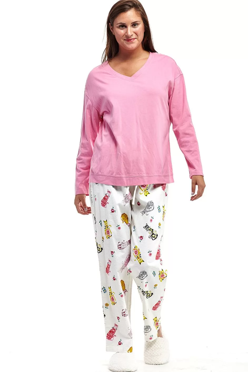 Best Pink Flannel Cat Print Pajama Set Pajamas