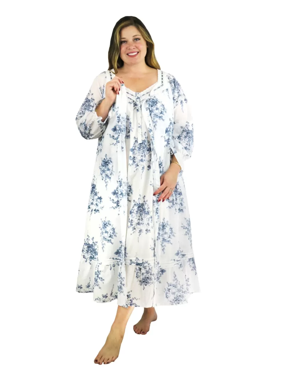 Best Plus Size 100% Cotton Lace Trim Flounce Robe Gown- Blue And White Flor Plus Sleepwear