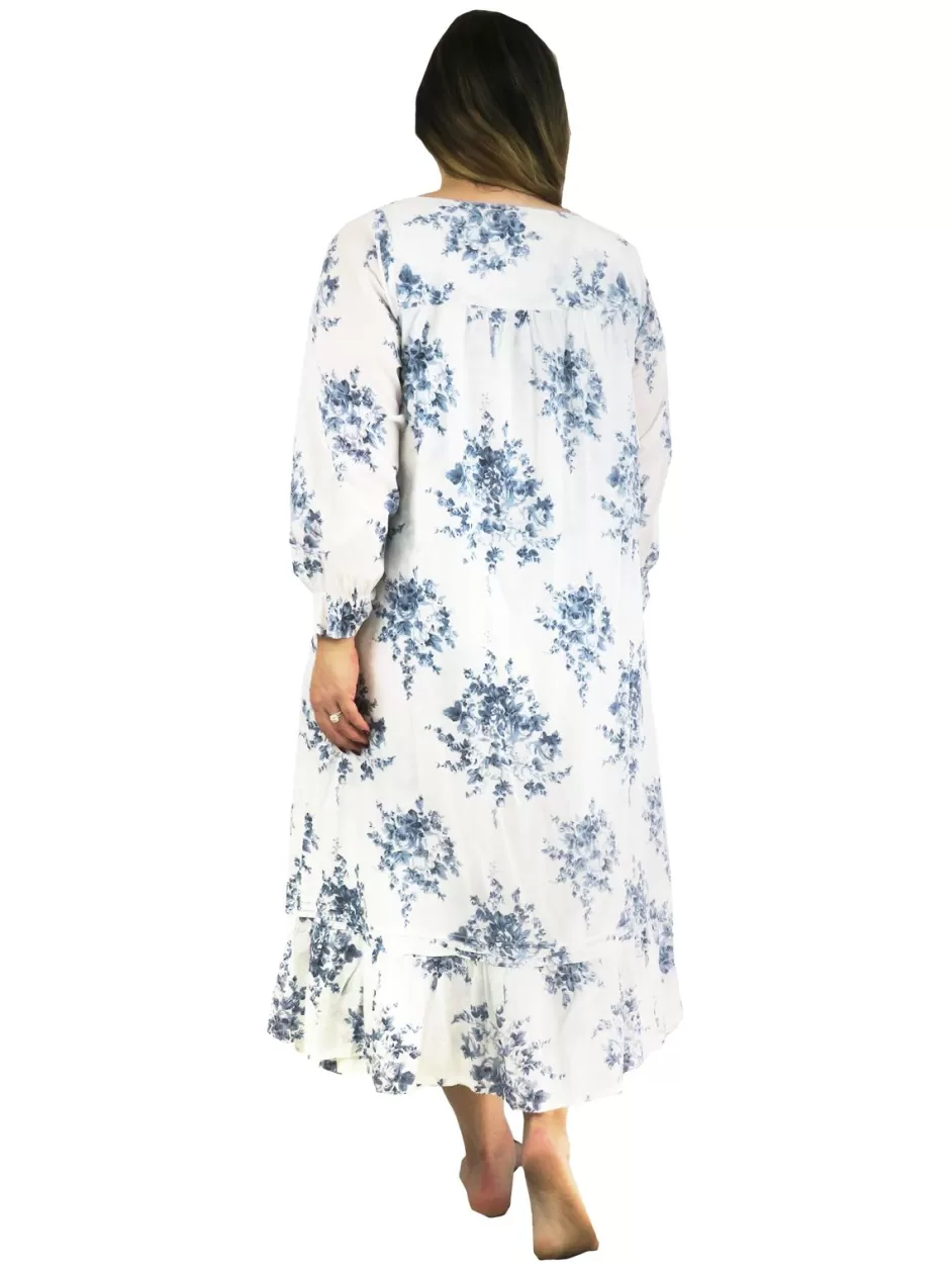 Best Plus Size 100% Cotton Lace Trim Flounce Robe Gown- Blue And White Flor Plus Sleepwear