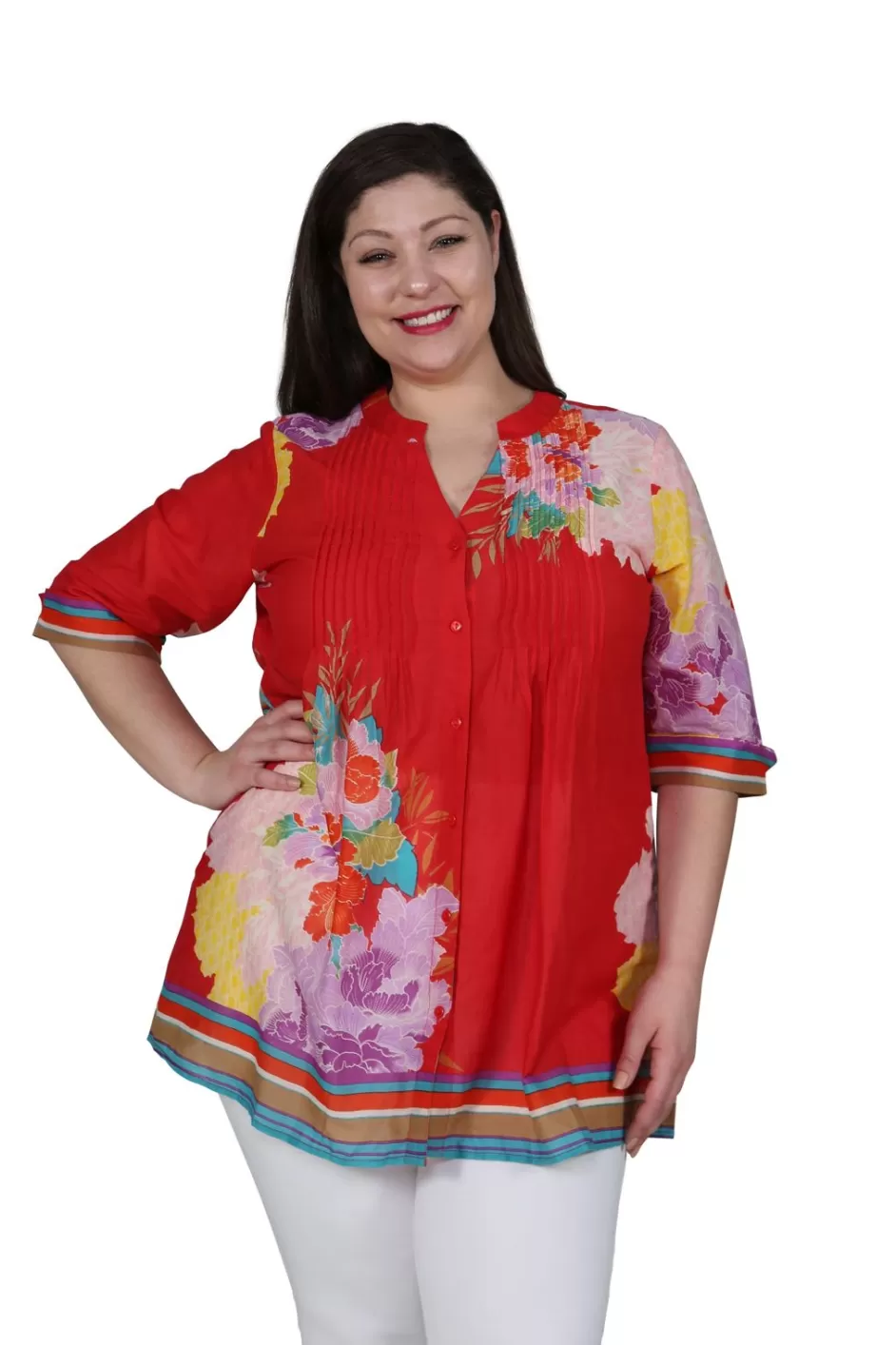 Best Sale Plus Size Floral Border Print Tunic With Release Pleats Plus Tops