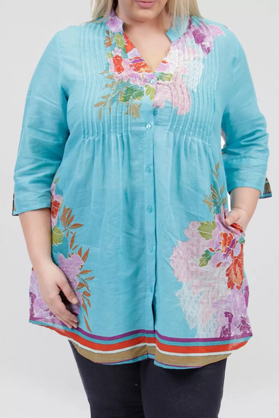 Best Sale Plus Size Floral Border Print Tunic With Release Pleats Plus Tops