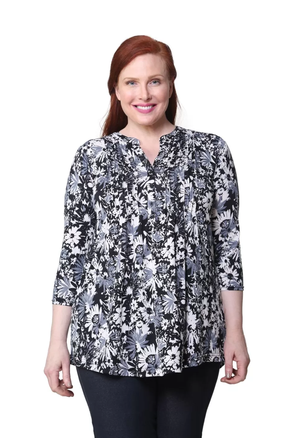 Best Sale Plus Size La Cera Midnight Blooms Print Tunic Plus Tops