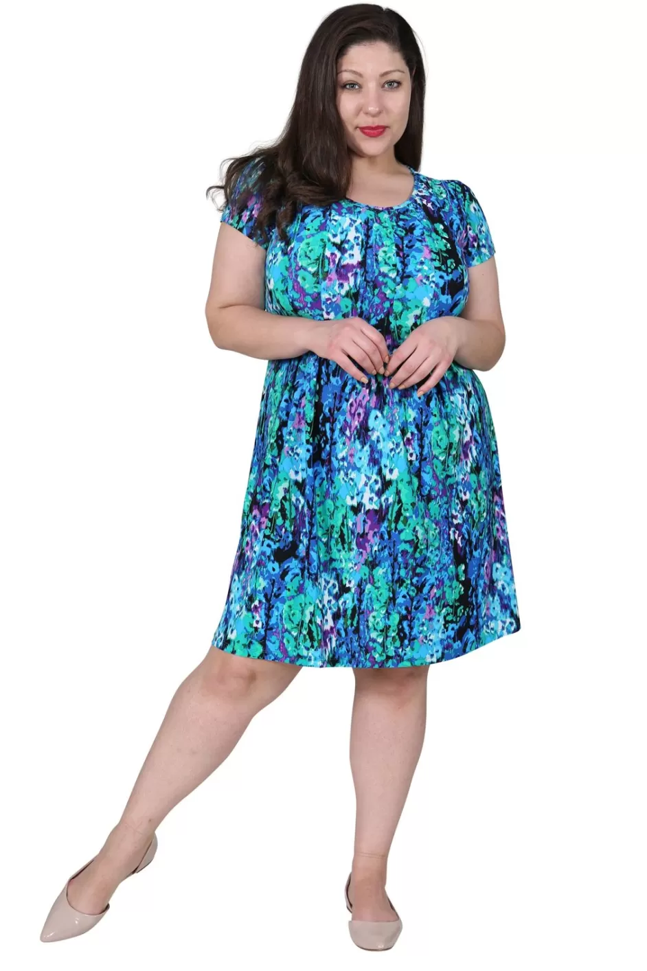 Discount Plus Size La Cera Teal Multi Print Short Sleeve Dress Plus Dresses